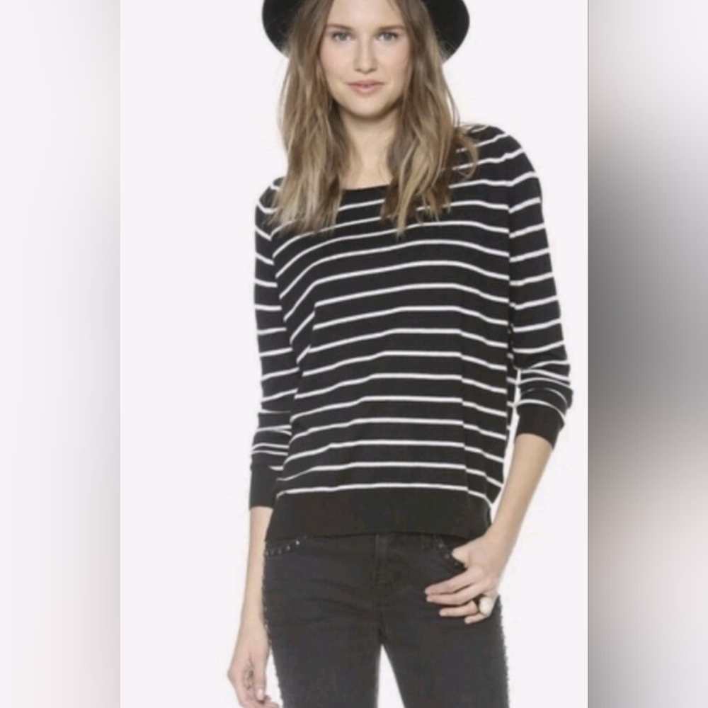 Joie Navy and White Striped Relaxed Fit Crew Neck Sweater
